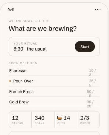 Focus Brew home screen asking what are we brewing, with brew methods and a streak of 12.