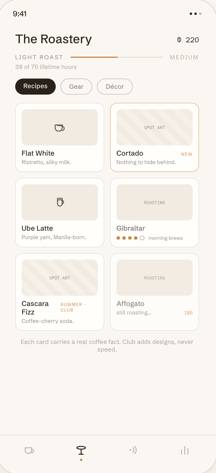 The Roastery: a collection shelf of recipes and cup designs unlocked with beans.
