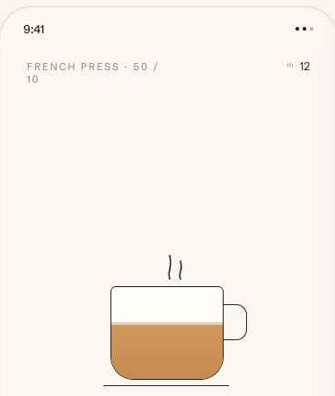 Focus Brew timer in light mode: a cup filling during a French Press session.